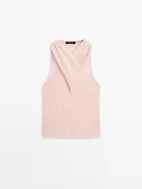 Linen blend top with surplice neckline