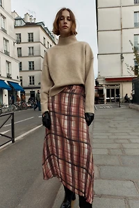 PLAID WRINKLED EFFECT MIDI SKIRT