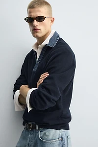 DENIM COLLAR KNIT POLO SHIRT