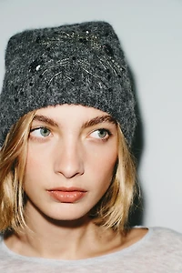 BEADED EMBROIDERED KNIT BEANIE
