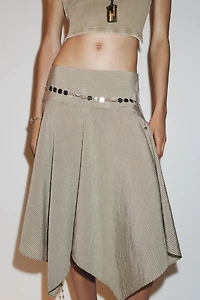 STRIPED ASYMMETRIC BELTED MIDI SKIRT