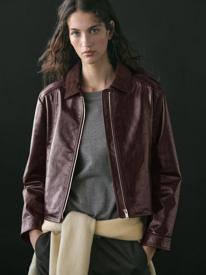 Nappa leather jacket with contrast suede collar