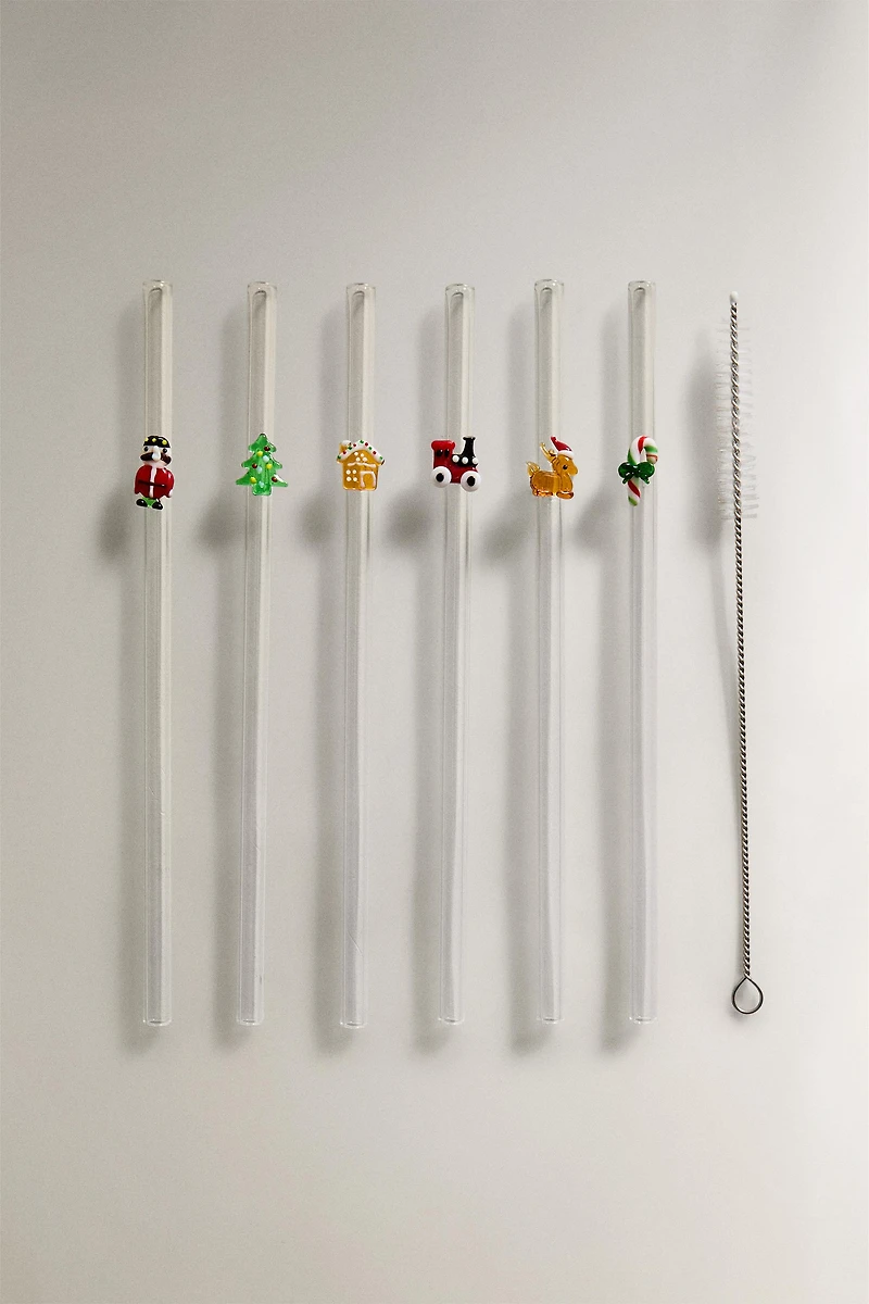 SET OF GLASS STRAWS WITH CHRISTMAS FIGURES (SET OF 6)