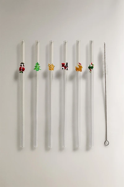 SET OF GLASS STRAWS WITH CHRISTMAS FIGURES (SET OF 6)