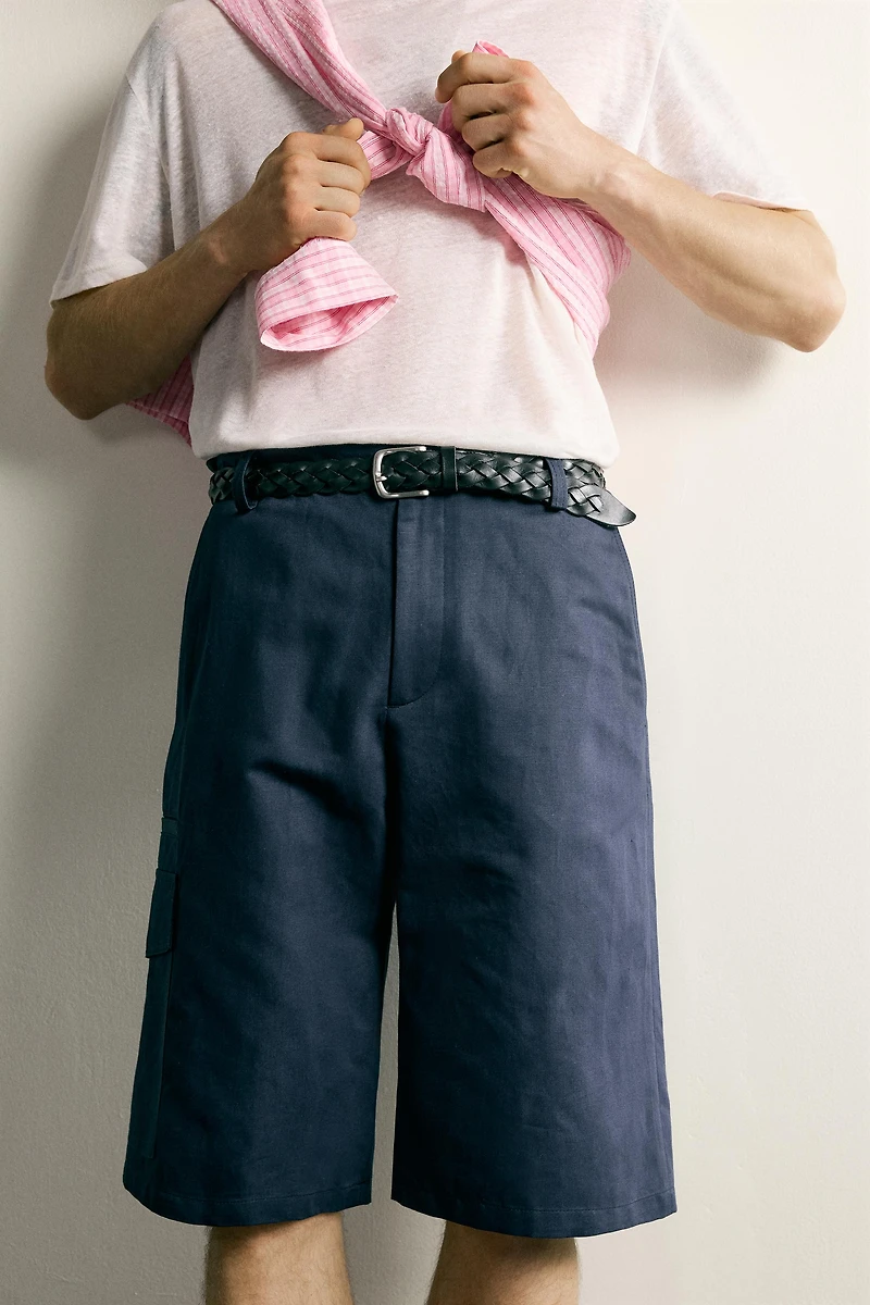 COTTON-LINEN RELAXED FIT CARGO SHORTS