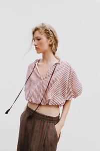TIED STRIPED PUFF-SLEEVE TOP
