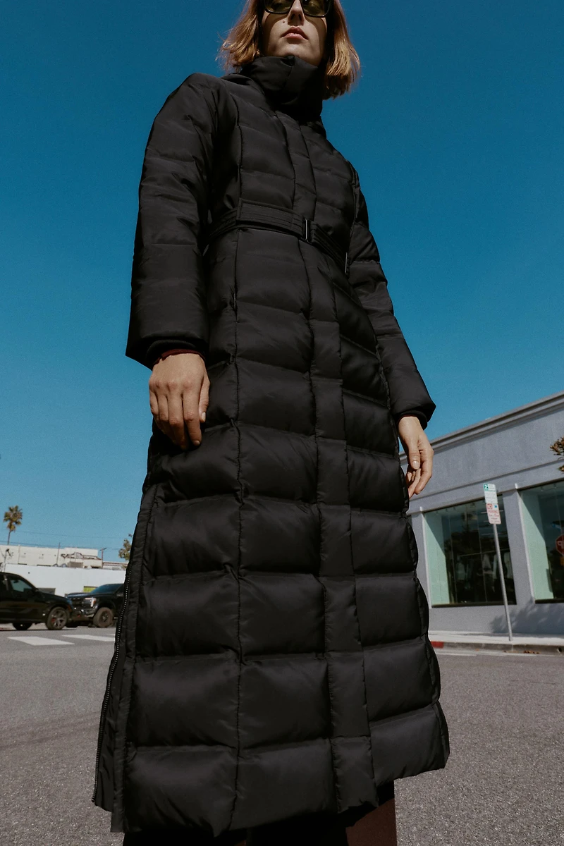 HOODIE BELTED WATER REPELLENT WINDPROOF DOWN COAT