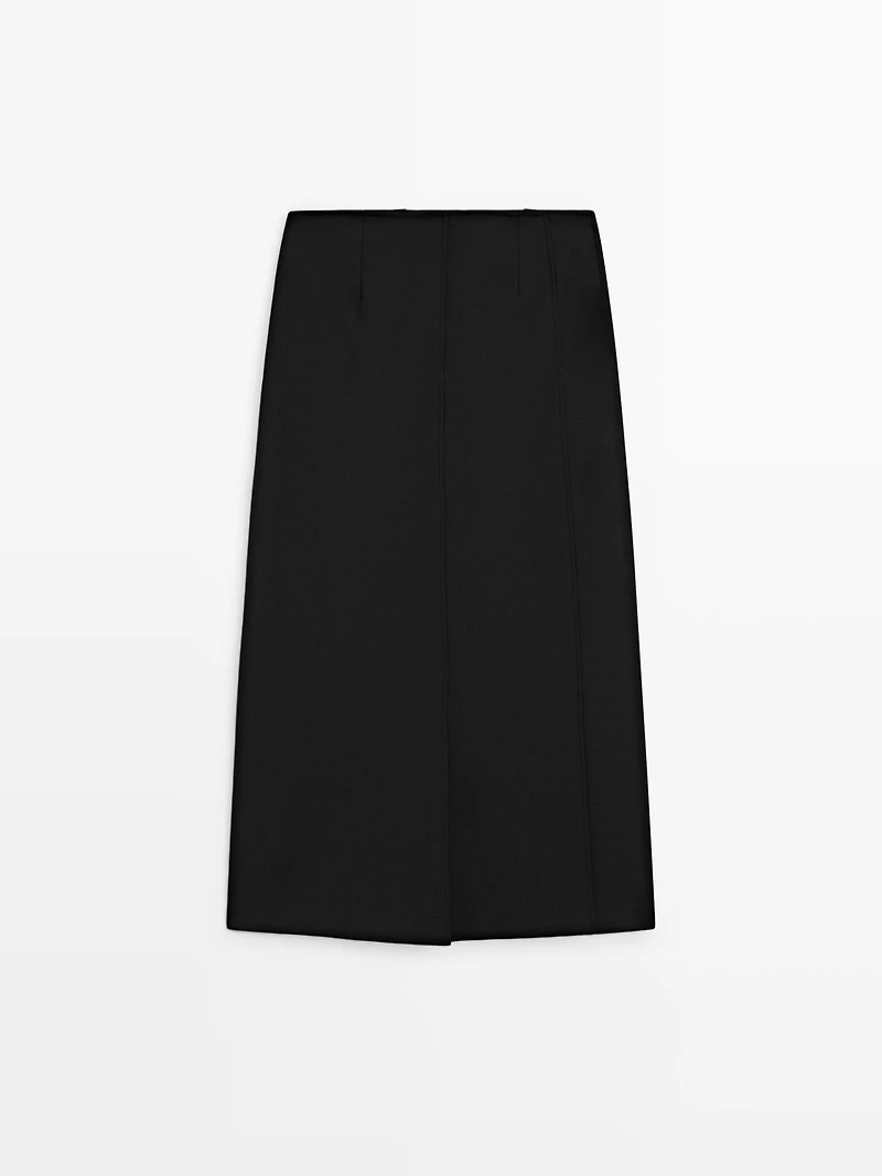 Straight fit wool blend midi skirt with slit