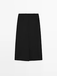 Straight fit wool blend midi skirt with slit