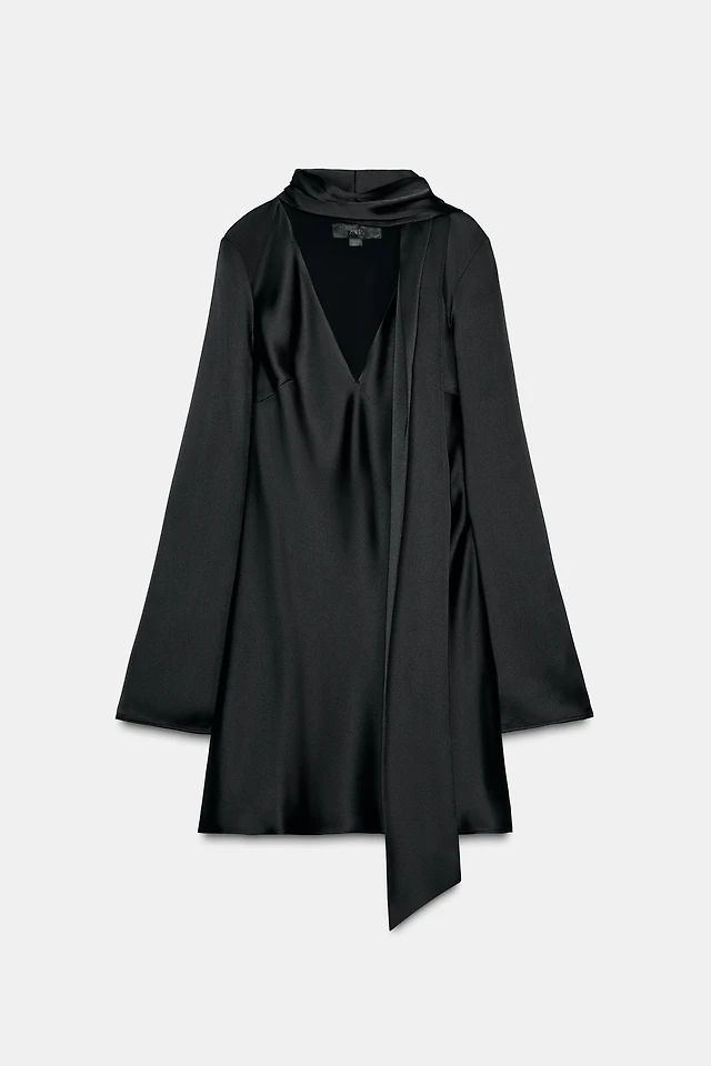 satin effect scarf dress zara ZARA NWT WOMAN SS25 SATIN EFFECT SCARF MINI DRESS BLACK | 9234/331 SIZE L