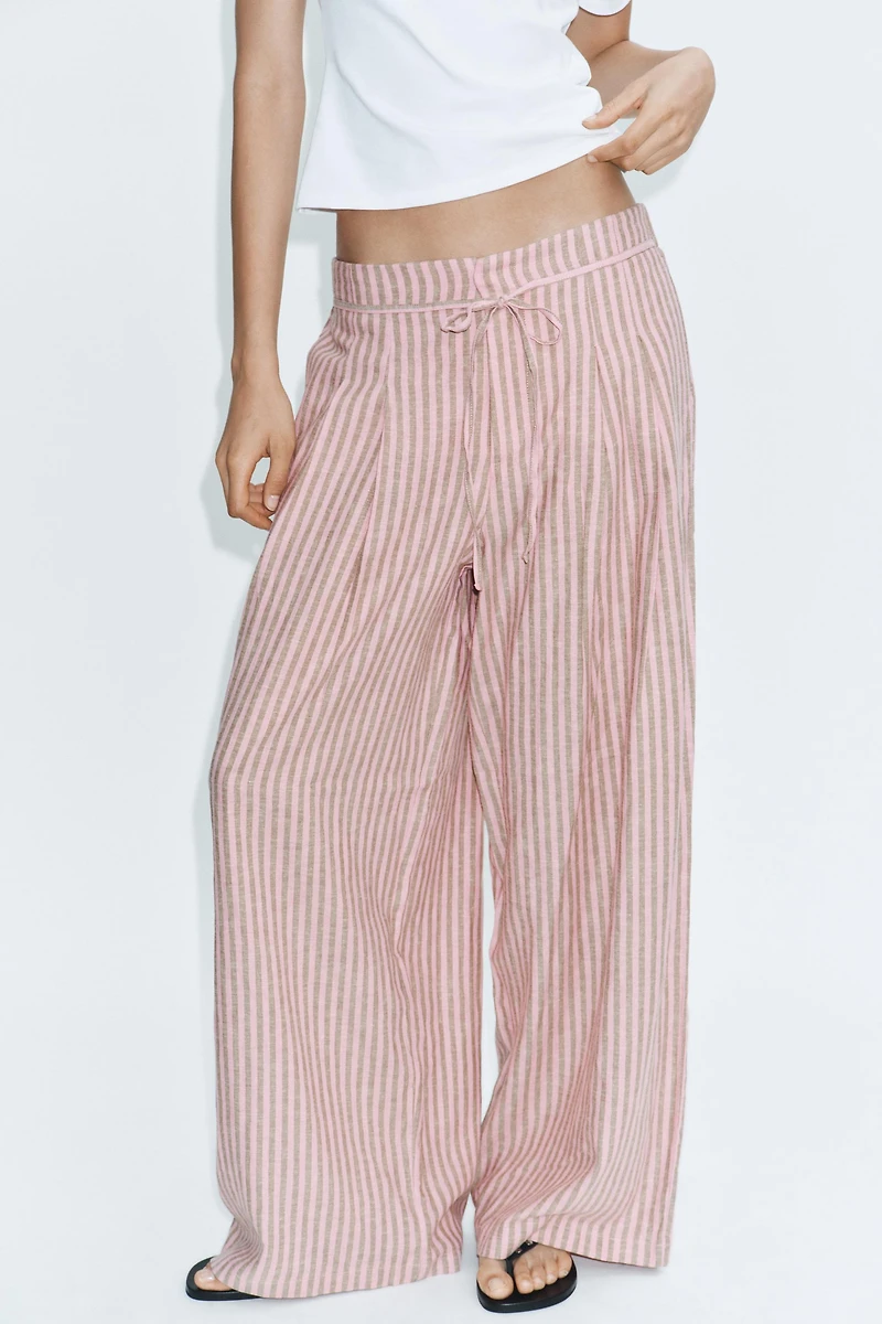 PANTALON À RAYURES ET CORDON AVEC LIN