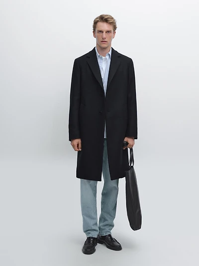 Manteau long à revers 100 % laine