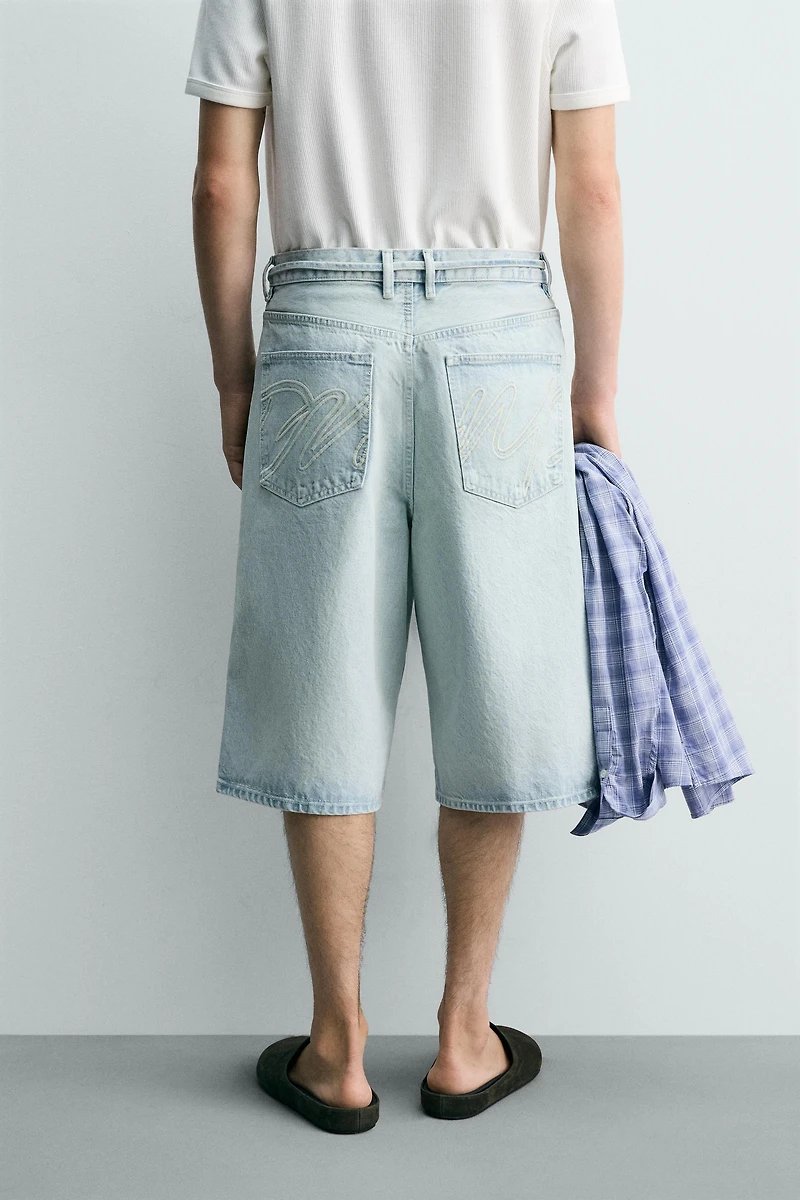 EMBROIDERED BAGGY FIT DENIM JORTS