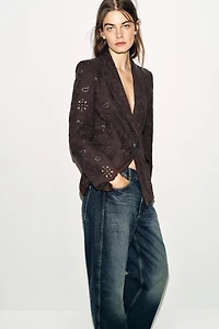 STRAIGHT BLAZER WITH EMBROIDERED PERFORATED SHOULDER PADS