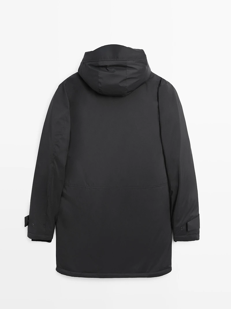 Parka longue déperlante à capuche en duvet mélangé