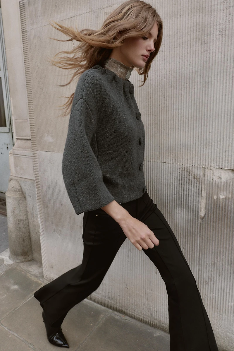 WOOL BLEND BOMBER JACKET WITH RUFFLES AT NECK