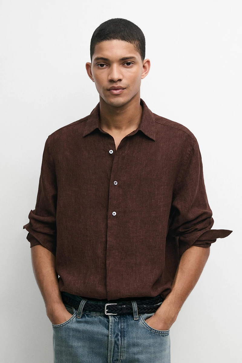 100% linen regular fit shirt with button detail