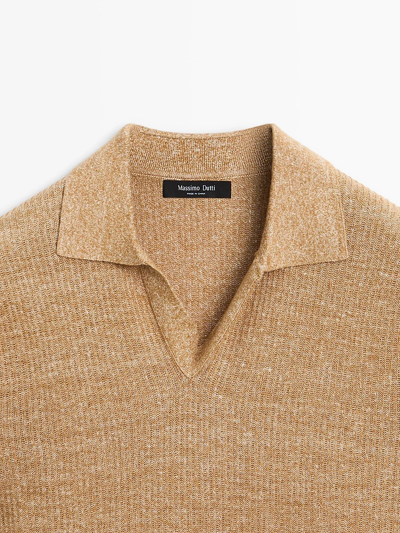 Textured knit cotton and linen blend polo shirt