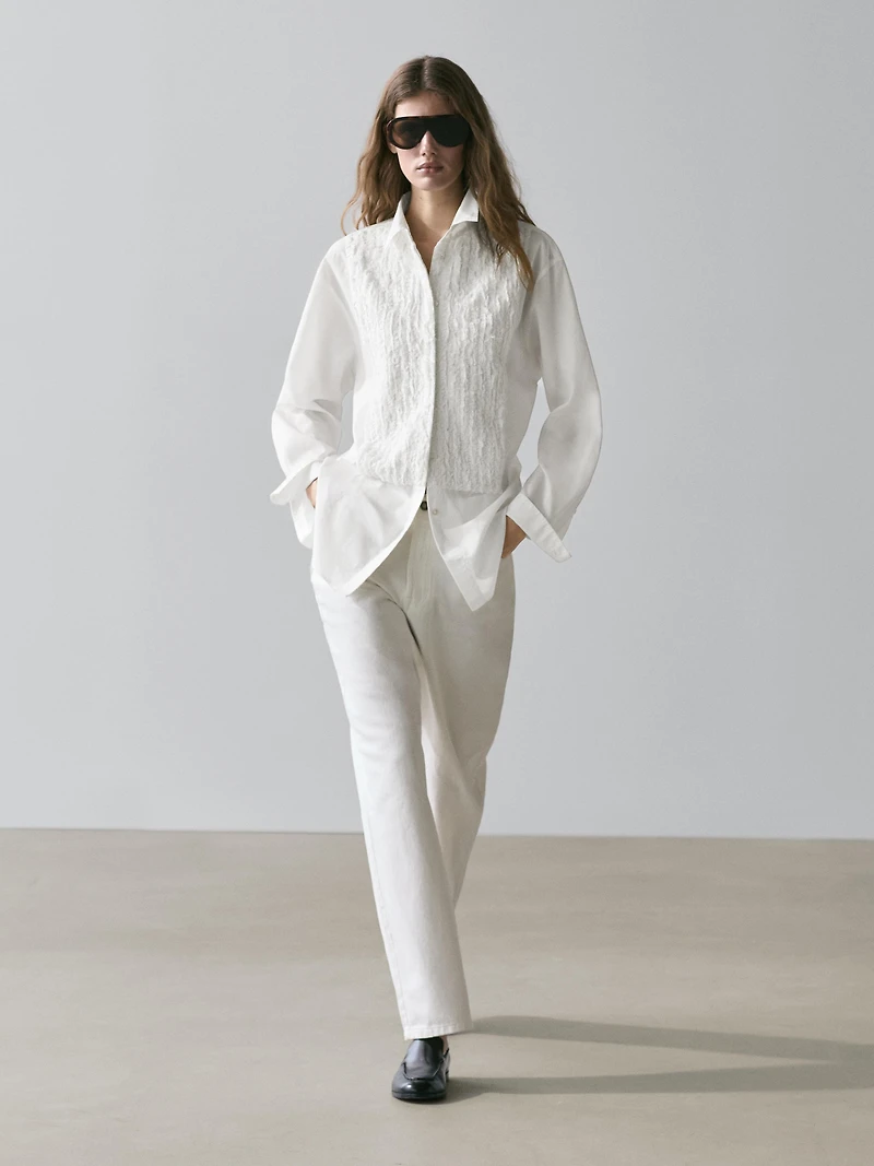 Bib front shirt with embroidered detail
