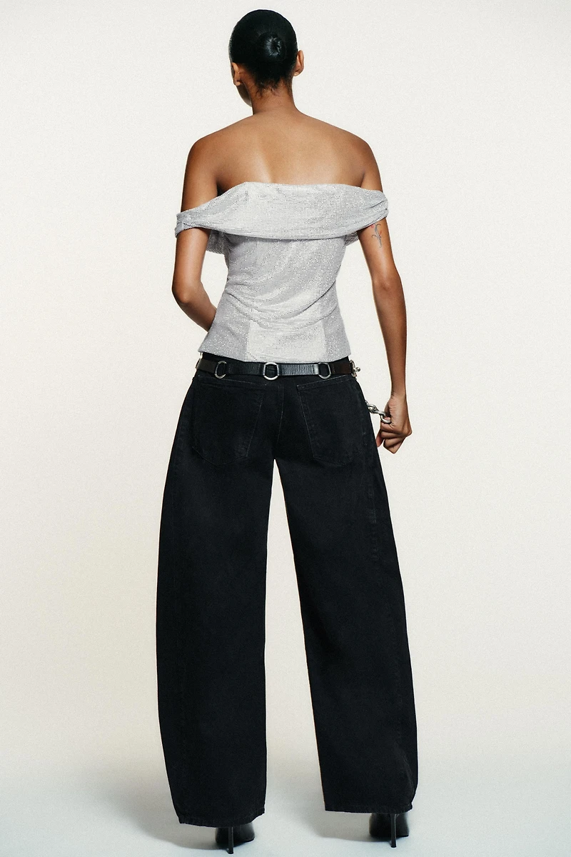 RHINESTONE DRAPED MESH TOP