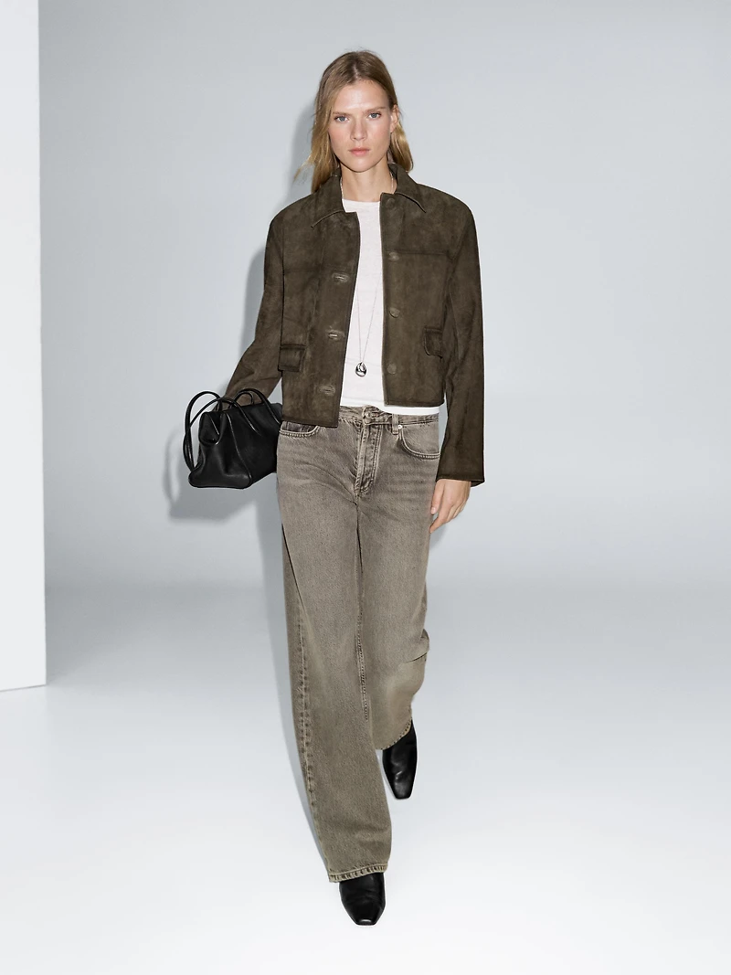 Veste en cuir effet daim avec boutons recouverts
