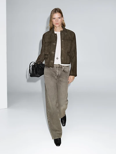 Veste en cuir effet daim avec boutons recouverts