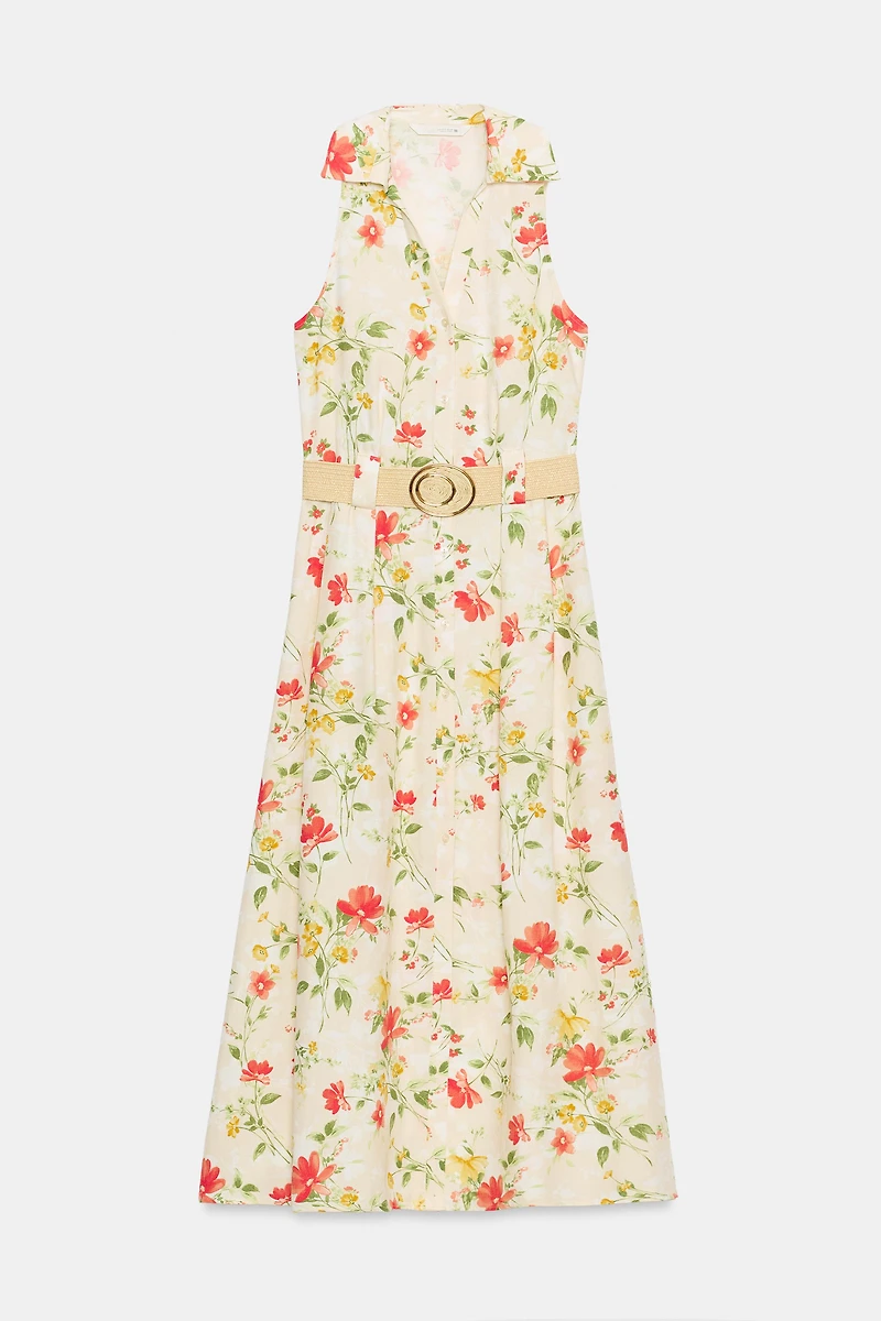 PRINTED BELTED MIDI DRESS