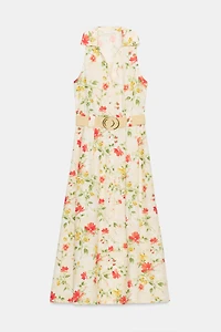 PRINTED BELTED MIDI DRESS
