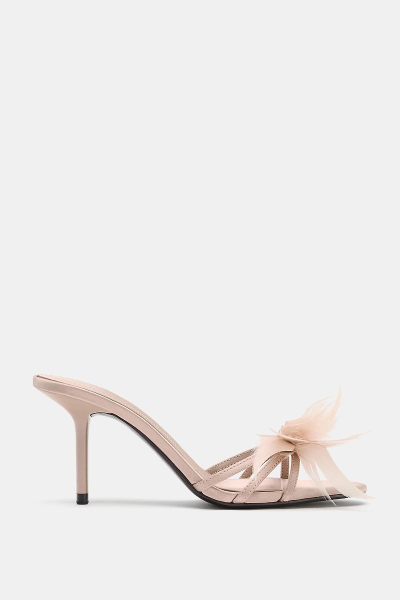 FEATHER DETAIL HEELED SANDALS