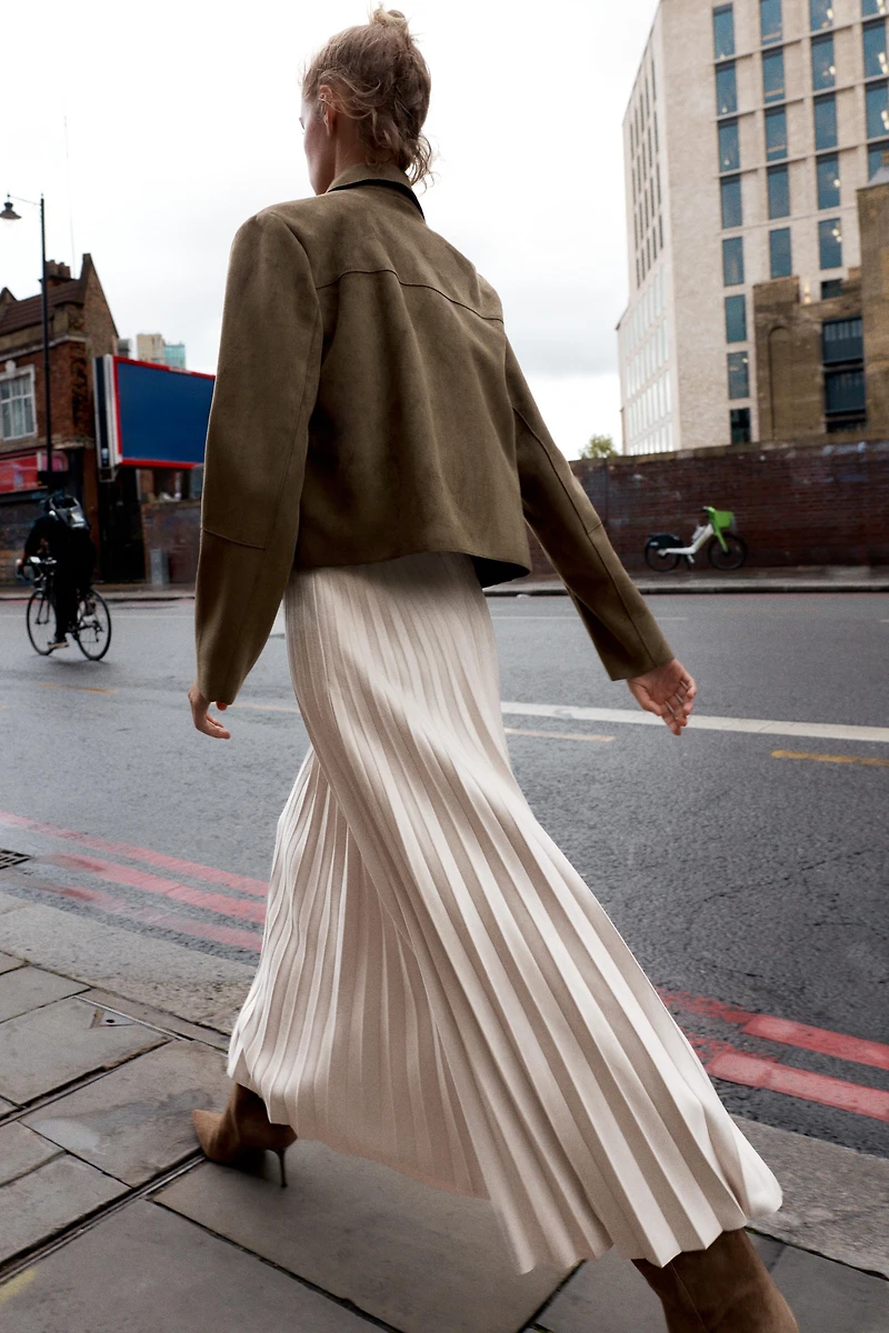 BELTED FAUX SUEDE EFFECT PLEATED MIDI SKIRT
