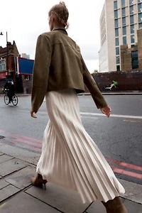 BELTED FAUX SUEDE EFFECT PLEATED MIDI SKIRT