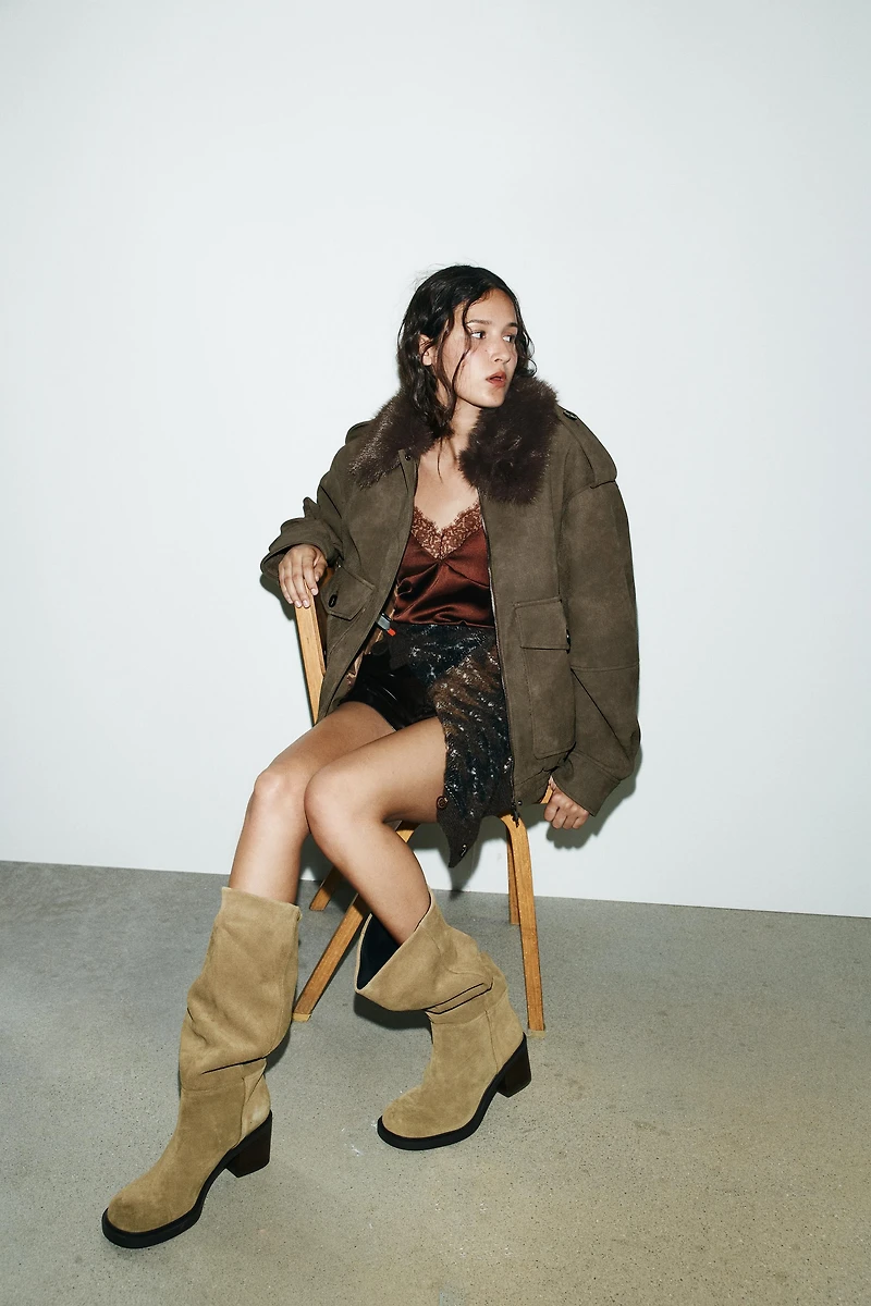 REMOVABLE COLLAR FAUX SUEDE JACKET