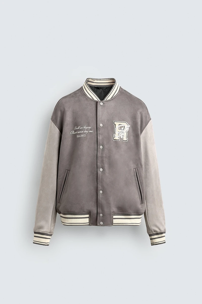 FAUX SUEDE BOMBER JACKET WITH PATCHES