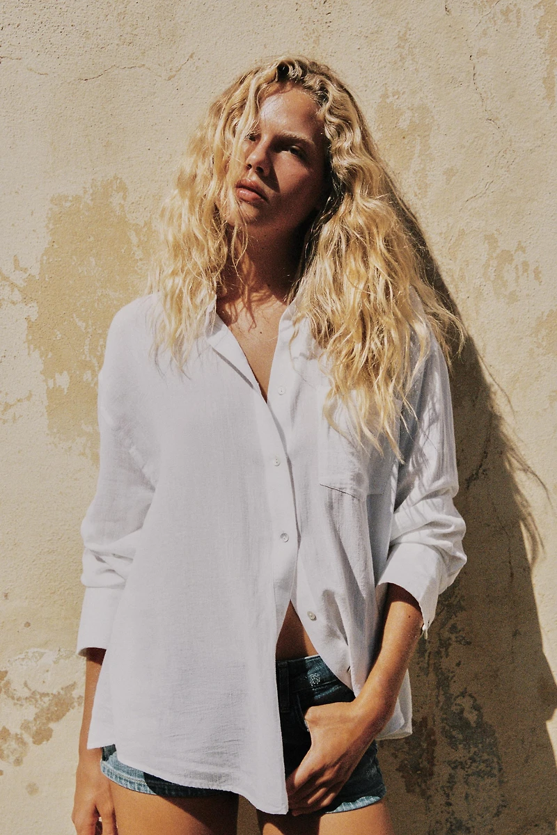 CHEMISE OVERSIZE EN GAZE À RAYURES ET POCHE