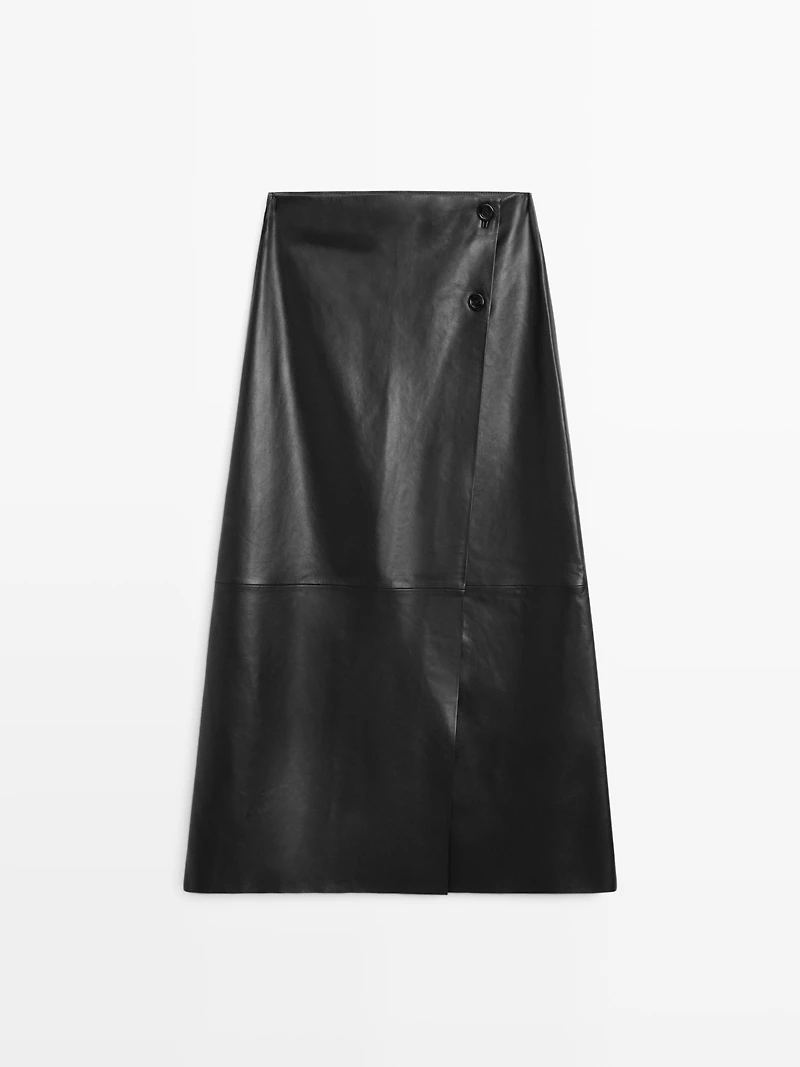 Jupe midi en cuir nappa avec coutures