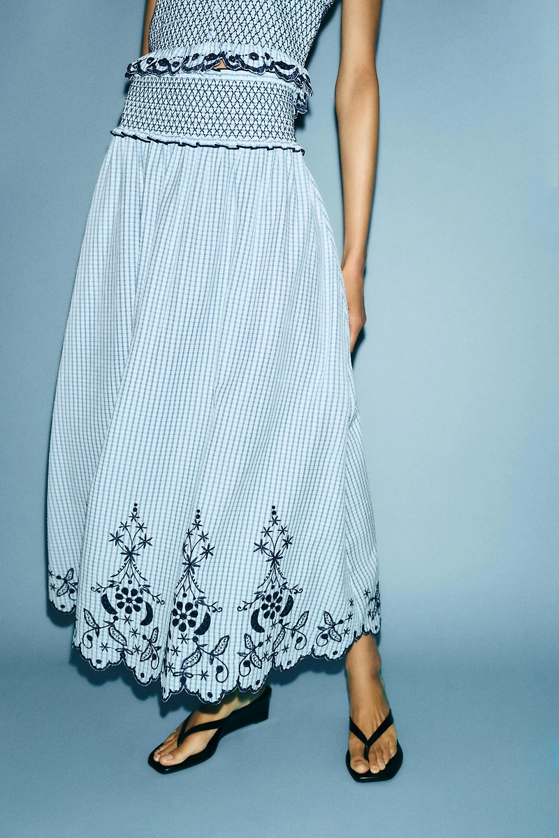 EMBROIDERED PLAID MIDI SKIRT