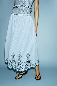 EMBROIDERED PLAID MIDI SKIRT