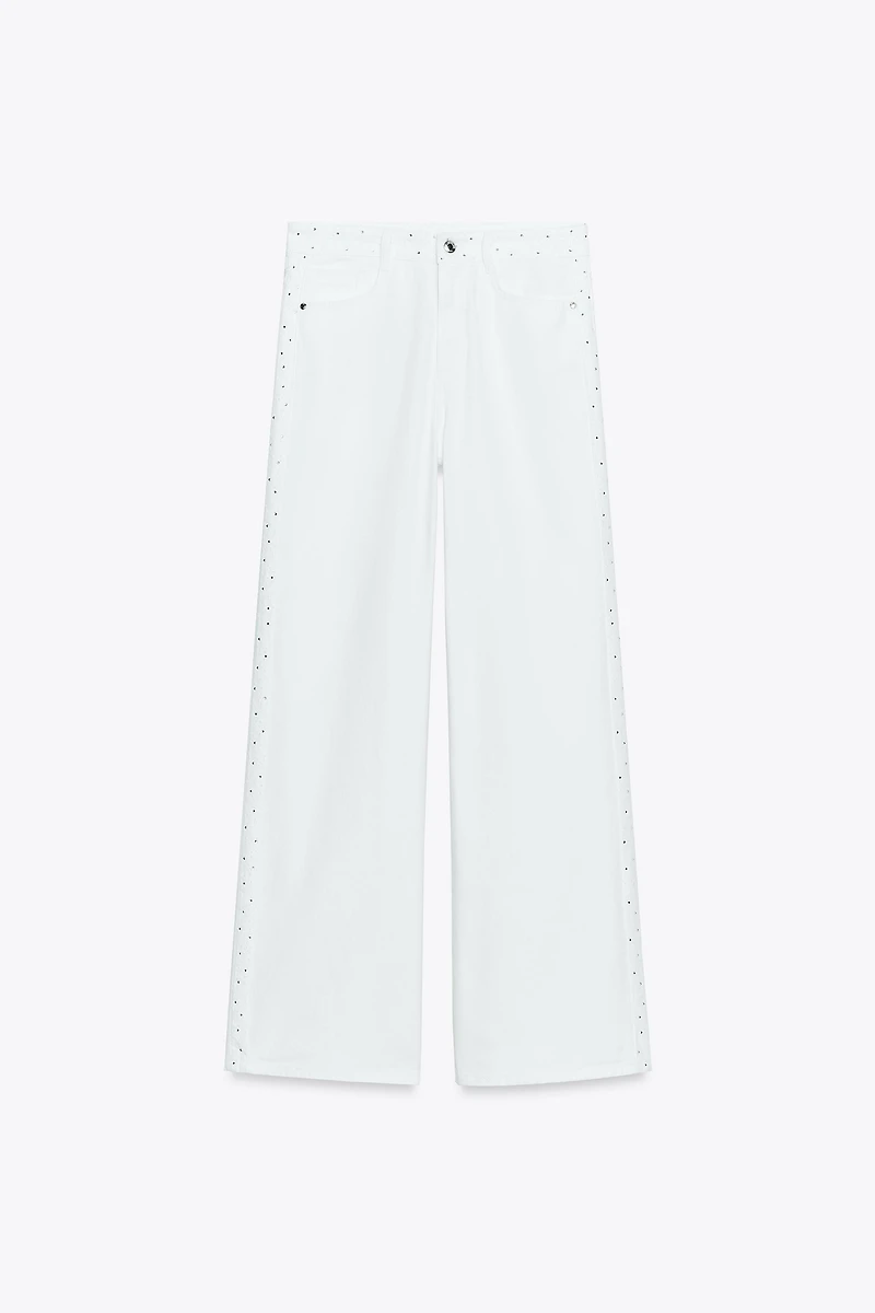 Z1975 HIGH RISE WIDE LEG RHINESTONE JEANS