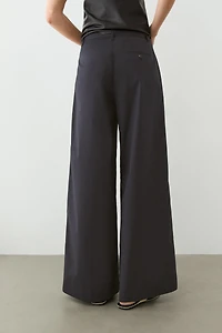 Cotton blend wide-leg pleated trousers