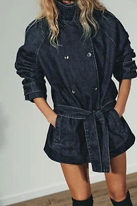 TRF BELTED DENIM MIDI TRENCH COAT