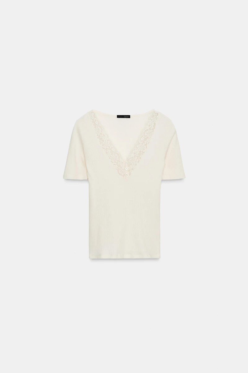 T-SHIRT CÔTELÉ DENTELLE
