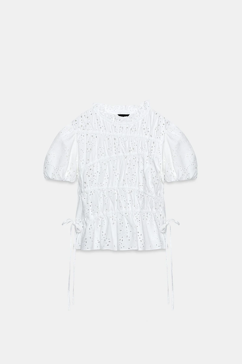 EMBROIDERED EYELET RUCHED TOP