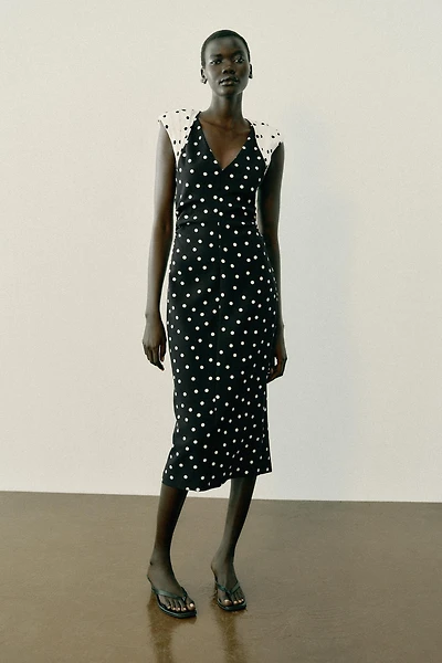 POLKA DOT MIDI DRESS WITH SHOULDER PADS