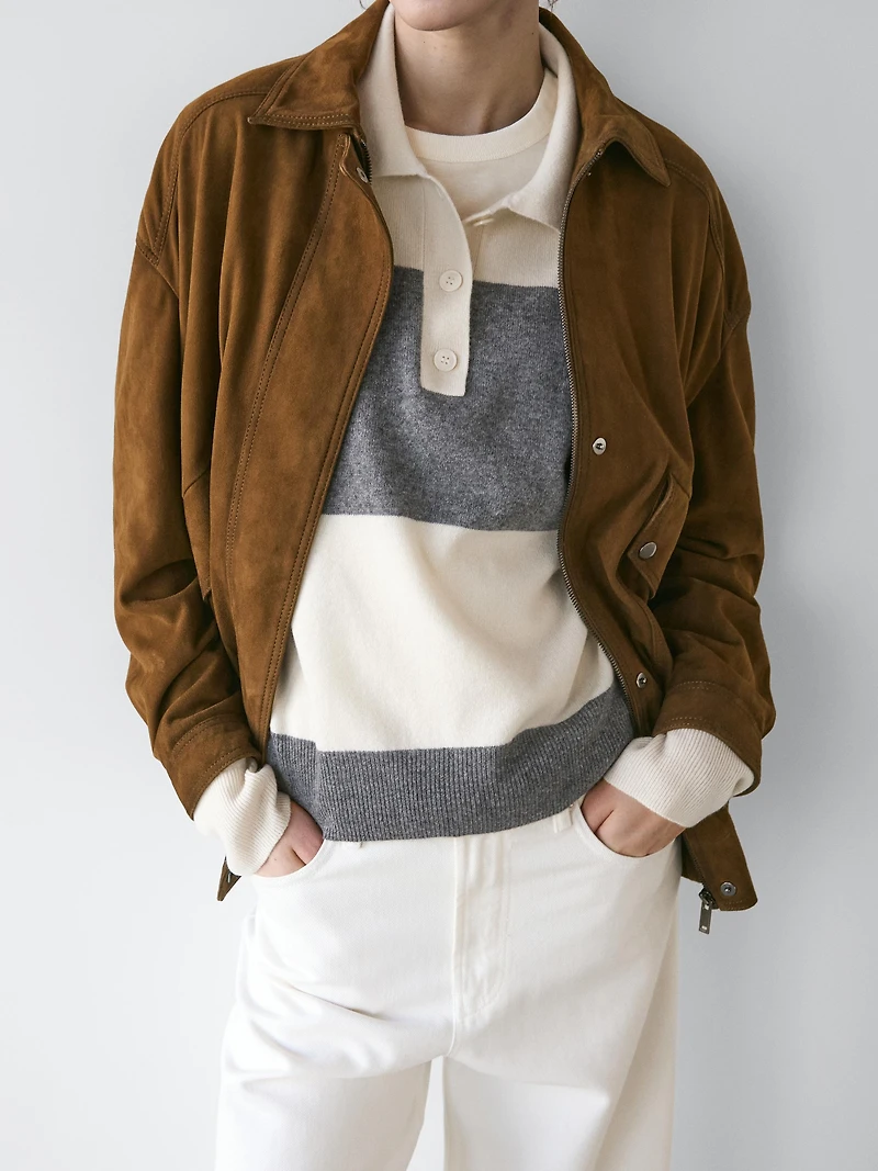 Striped knit sweater with polo collar