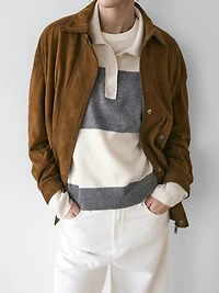 Striped knit sweater with polo collar