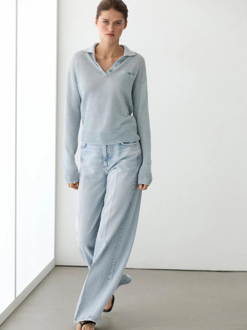 Fine linen polo collar sweater