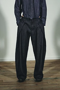 PLEATED FAUX DENIM PANTS