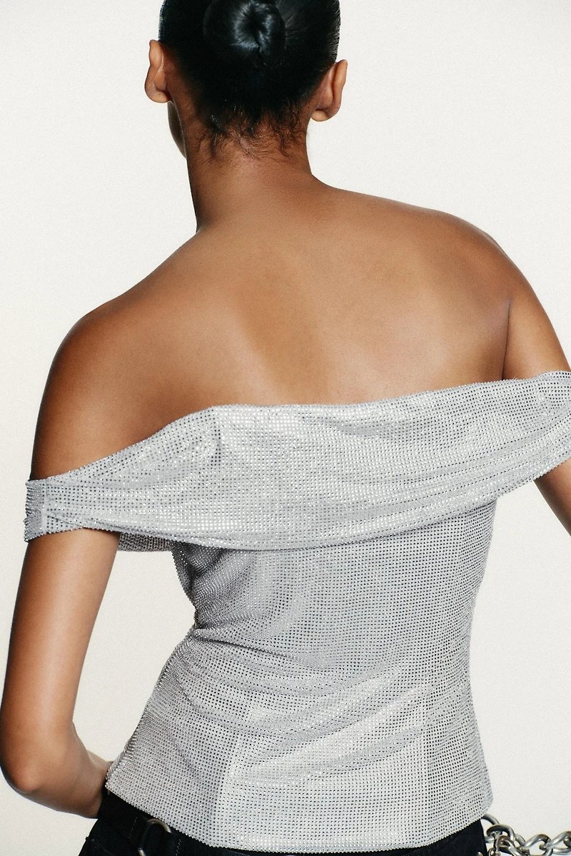 RHINESTONE DRAPED MESH TOP