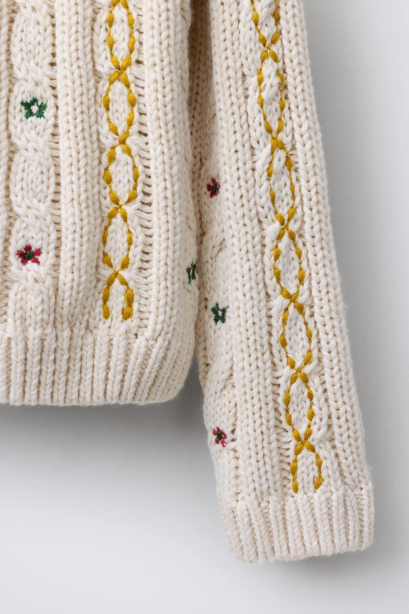 EMBROIDERED CABLE KNIT CARDIGAN