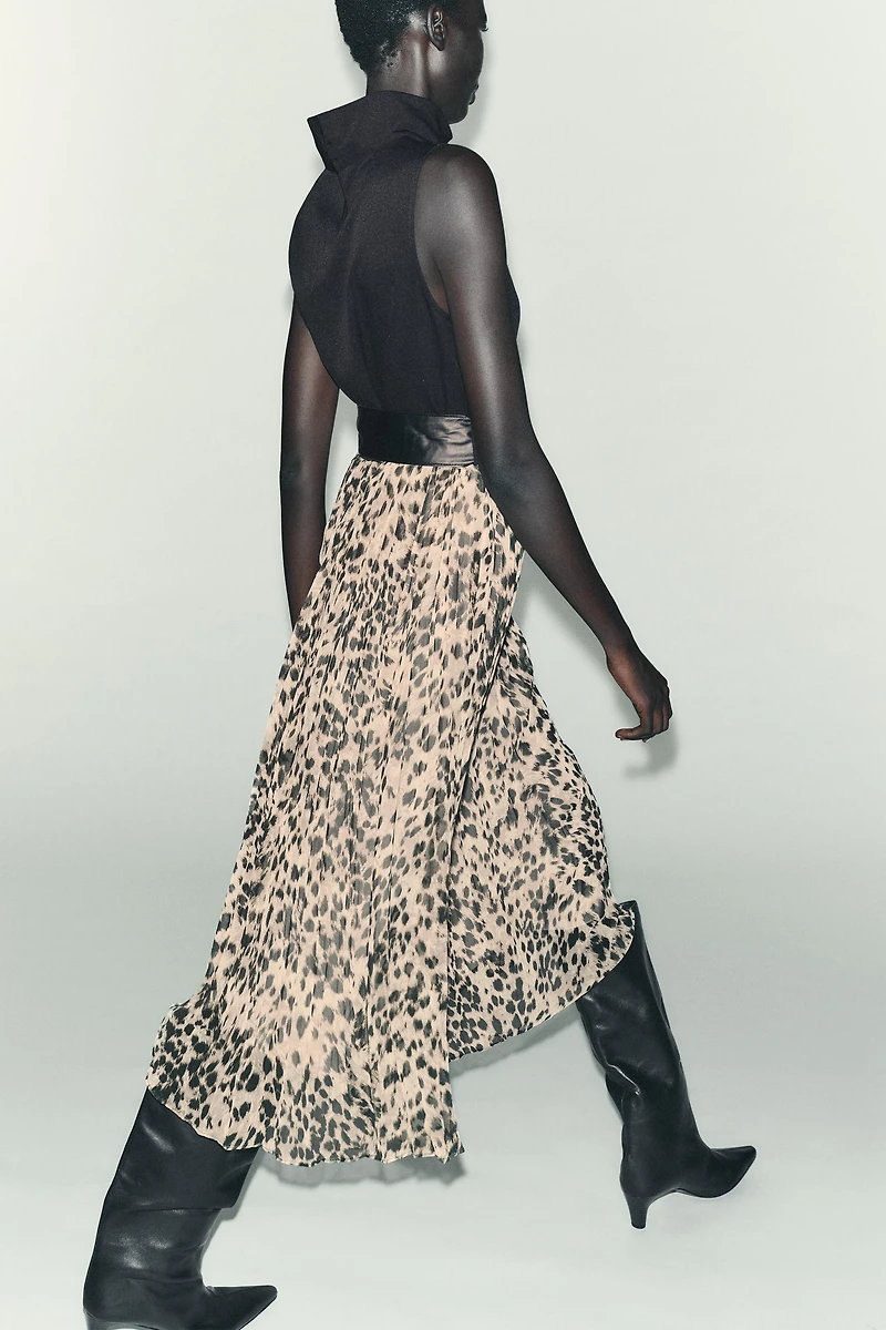ANIMAL PRINT COMBINATION MIDI DRESS WITH BELT